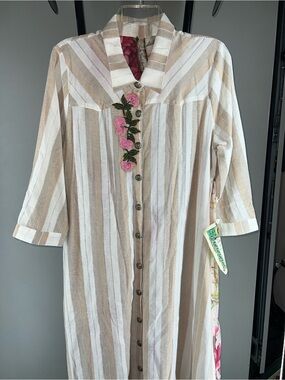 Aratta Beige, White and Pink Striped Maxi Shirt Dress with Floral Applique